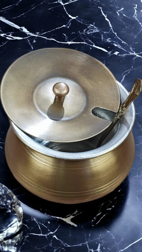 Sold By ZAIN R CREATION Ghee Pot with Spoon - H.8 cm Dia. 9 cm