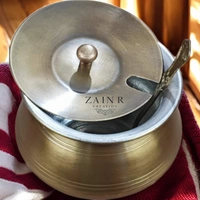 Sold By ZAIN R CREATION Ghee Pot with Spoon - H.8 cm Dia. 9 cm, Matt, Brass