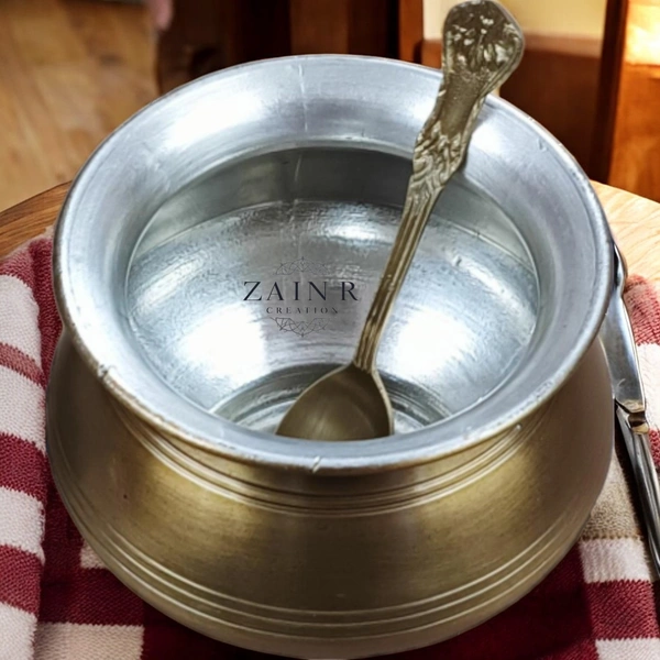 Sold By ZAIN R CREATION Ghee Pot with Spoon - H.8 cm Dia. 9 cm, Matt, Brass