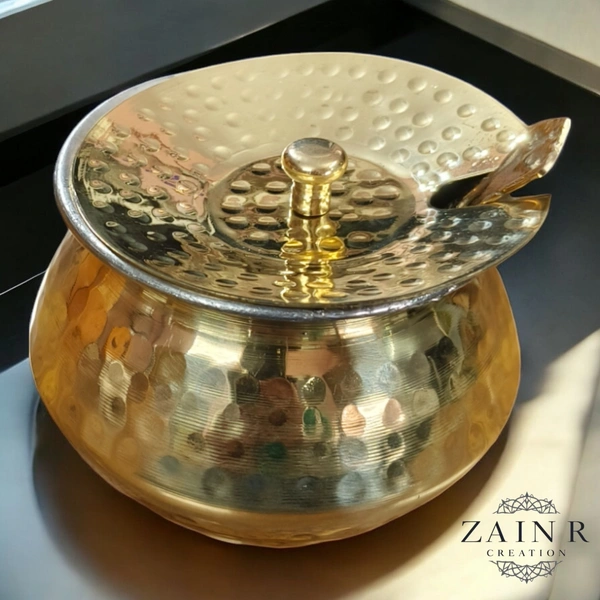 Sold By ZAIN R CREATION Hammered Ghee Pot with Spoon - H.8 cm Dia. 9 cm, Polished, Brass