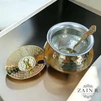 Sold By ZAIN R CREATION Hammered Ghee Pot with Spoon - H.8 cm Dia. 9 cm, Polished, Brass