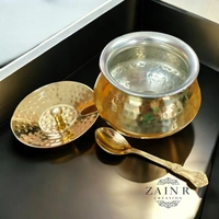 Sold By ZAIN R CREATION Hammered Ghee Pot with Spoon - H.8 cm Dia. 9 cm, Polished, Brass