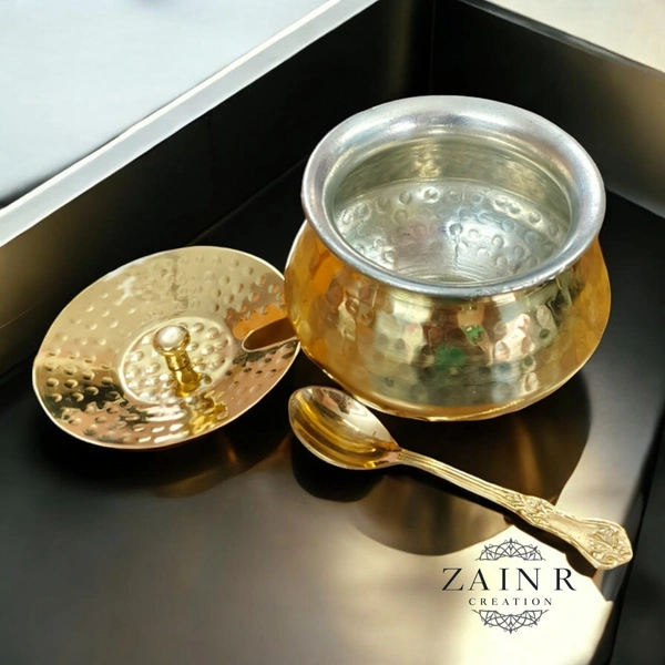 Sold By ZAIN R CREATION Hammered Ghee Pot with Spoon - H.8 cm Dia. 9 cm, Polished, Brass