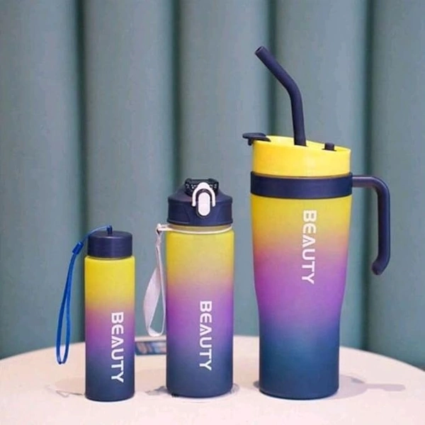 Motivational Water Bottle Set Of 3 Pcs Time Marker With Str,aw, Unbreakable Leakproof Bpa Free Non-Toxic Sipper Bottle For Office, Sports, Gym, School 