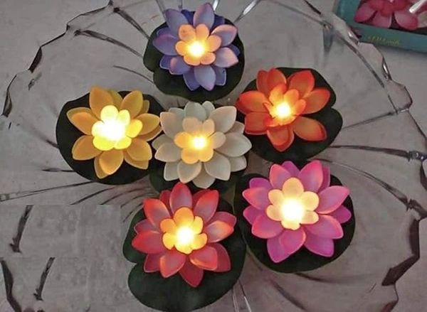 Multicolor Flower Led Floating Lotus Candle 6 Pcs In Box