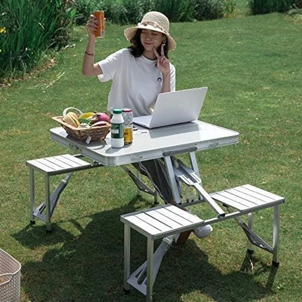 Heavy Duty Aluminum Portable Folding Picnic Table&Chairs Set With Umbrella (Silver)