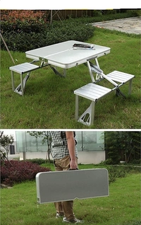 Heavy Duty Aluminum Portable Folding Picnic Table&Chairs Set With Umbrella (Silver)
