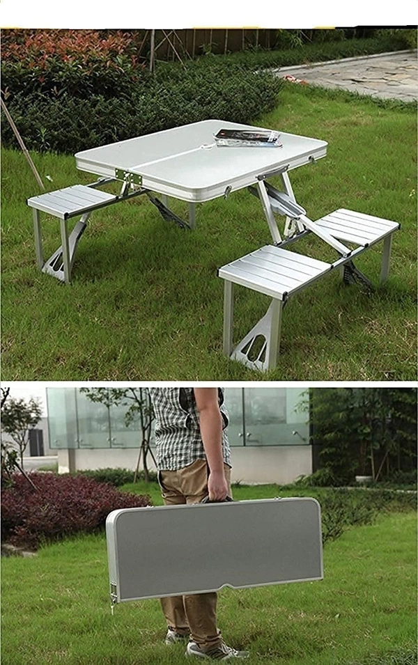 Heavy Duty Aluminum Portable Folding Picnic Table&Chairs Set With Umbrella (Silver)