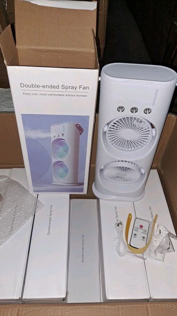  Double Ended Spray Fan, Cold Air Fan, 2025 New 3 Gears USB Rechargeable Oscillating fan with LED Light Cooler Fan, Push Button& Remote Control,280ml Water Tank, Ice Filling Fan (White)