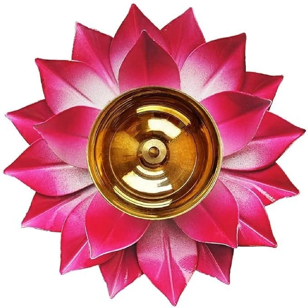 Nagaas Lotus Design Brass Diya | Lotus Shaped Brass Deepak | 5 inches (Red) Brass Floral Diya for Puja (Red Color) for Daily/Festive Puja, Diwali Gift Item, Home Temple Decor.