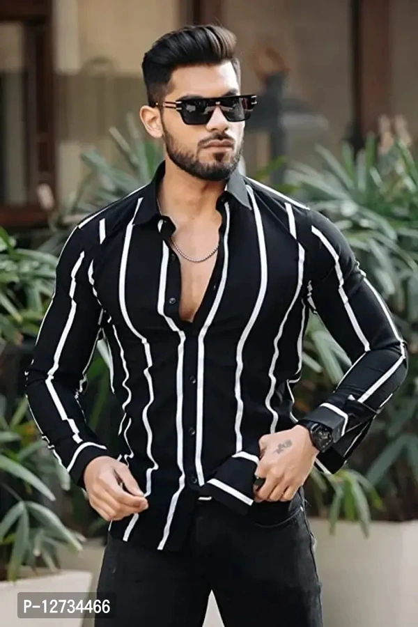 Men Regular Fit striped Full Sleeve Casual  - Black, Xl