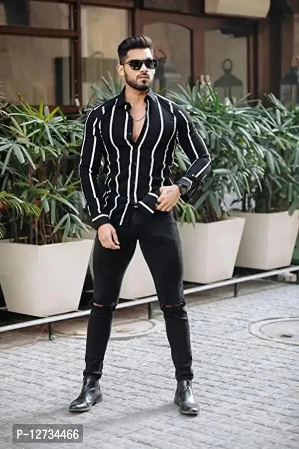 Men Regular Fit striped Full Sleeve Casual  - Black, Xl