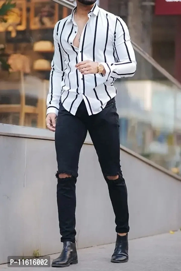 Men Regular Fit striped Full Sleeve Casual Latest  - White, Select Size