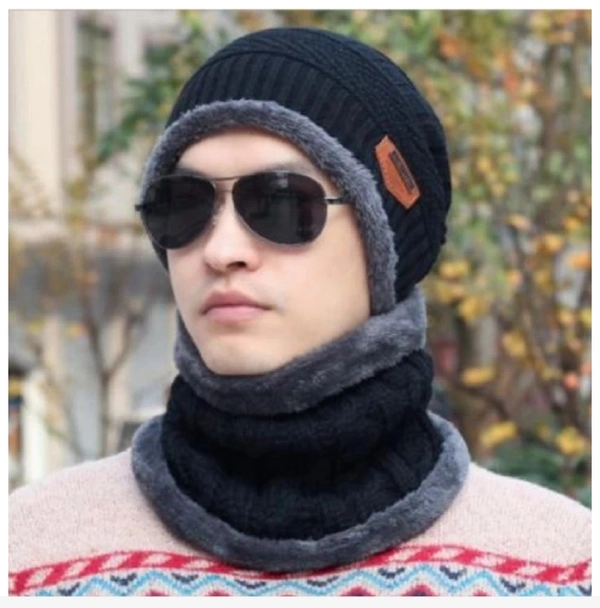 Black Winter Beanie Cap , Woolen Cap - Black