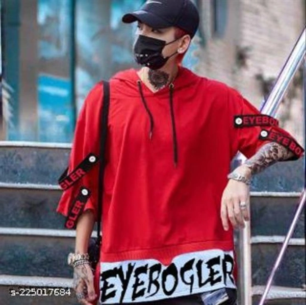 EYEBLOGER Men's Printed Typography Hooded Neck Oversized T Shirt - Red, XXL