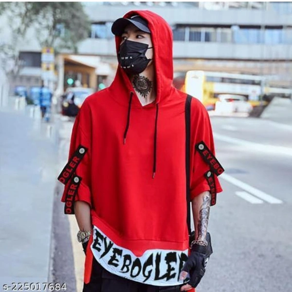 EYEBLOGER Men's Printed Typography Hooded Neck Oversized T Shirt - Red, XXL