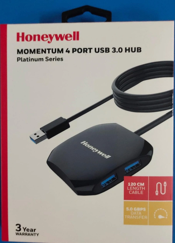Honey Well  Honeywell Momentum 4-1 USB 3.0 Hub, 1.2M Cable, Max Current 900mA, Transmission Speed 5GBPS, Universally Compatible with All USB PC, Laptop, Speaker, Mobile, Pen Drive, Hard Drive, Keyboard Printer - Black, 3 Yrs Service Center