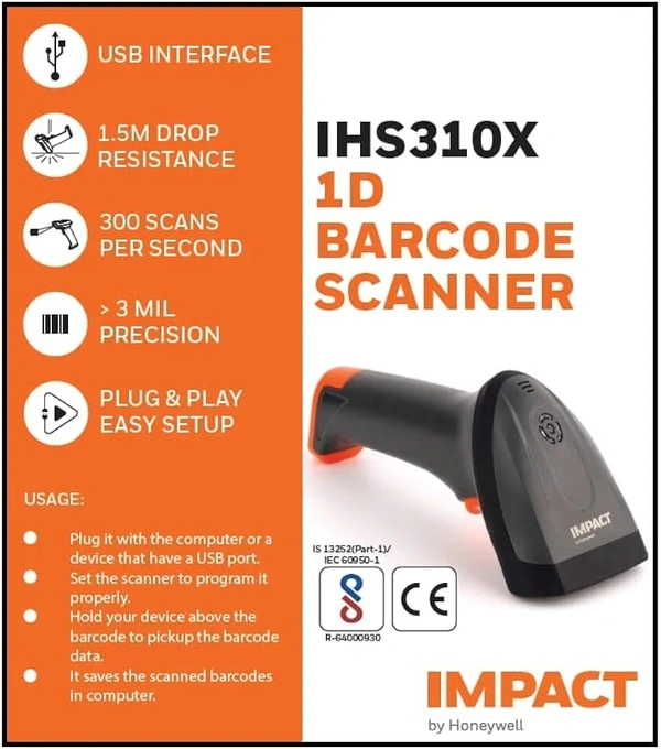 Honey Well  Honeywell IHS310X 1D Barcode Scanner BIS Approved, Handled 1D USB Wired Reader Optical Laser High Speedscanners - Black, 1. Year Warranty, Visit Near Service Center