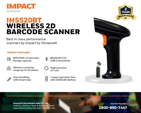 Honey Well  Impact by Honeywell IHS520BT Wireless 2D Barcode Scanner - High Performance, Long-Range Scanning with Storage for up to 8000 barcodes, Compact and Portable Design - Near Service Center, Black, 2 Years