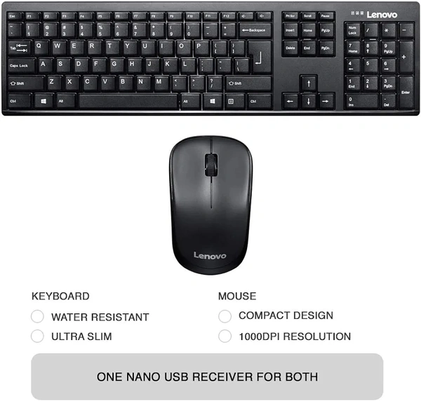 Lenovo Essential Wireless Combo - Wireless Keyboard and Mouse Set  - Lenovo Service Center, Black, 1 Year