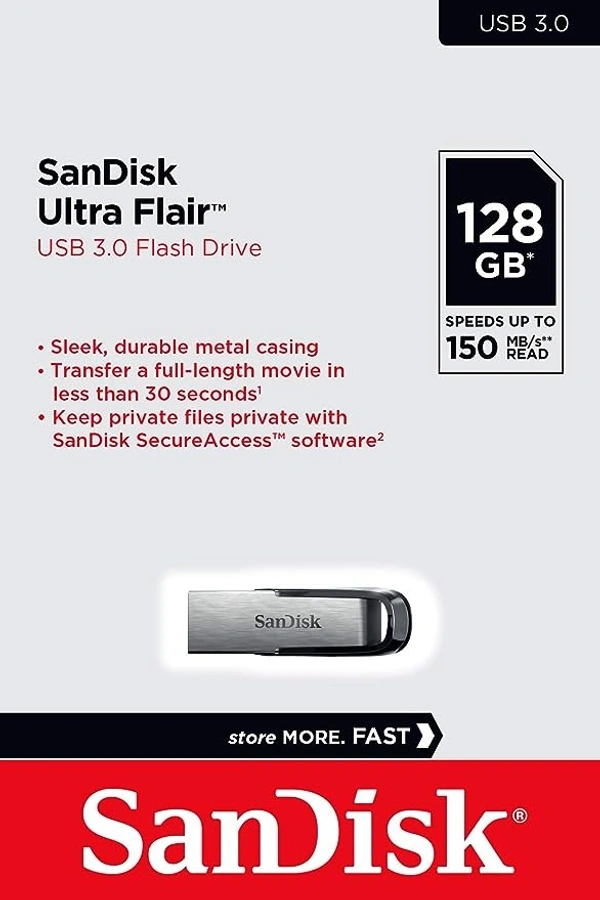Sandisk SanDisk Ultra Flair 128GB USB 3.0 Pen Drive, Silver Black - silver, 5 years, near service centre