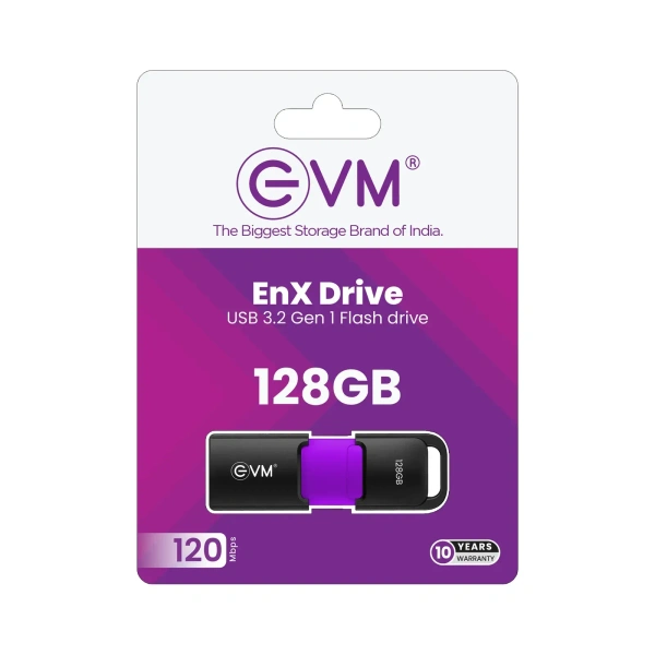 EVM EnX Drive 128GB USB 3.2 Gen 1 Flash Drive - Purple, 10 Years, Contact Customer Care Service