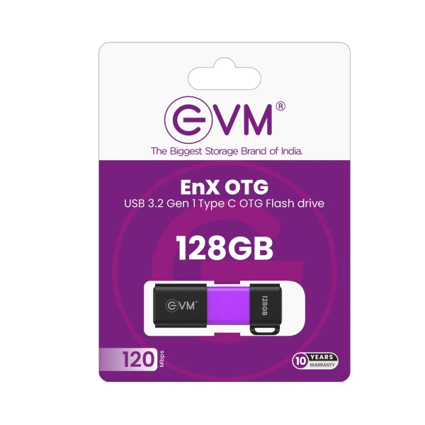 EVM EnX OTG 128GB USB 3.2 Gen 1 Type-C OTG Flash Drive - Purple, 10 Years, Contact Customer Care Service
