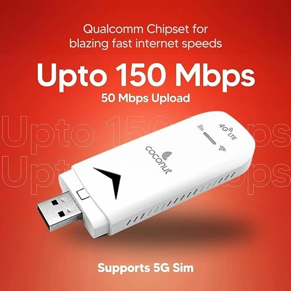 COCONUT Coconut Konnect 4G Dongle, Dual Band - All SIM Support (2.4/5Ghz), 4G Data Card, Upto 150mbps, Rich Design, 1 Year Warranty - 1 YEAR, Heera Communications