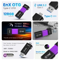 EVM EnX OTG 128GB USB 3.2 Gen 1 Type-C OTG Flash Drive - Purple, 10 Years, Contact Customer Care Service