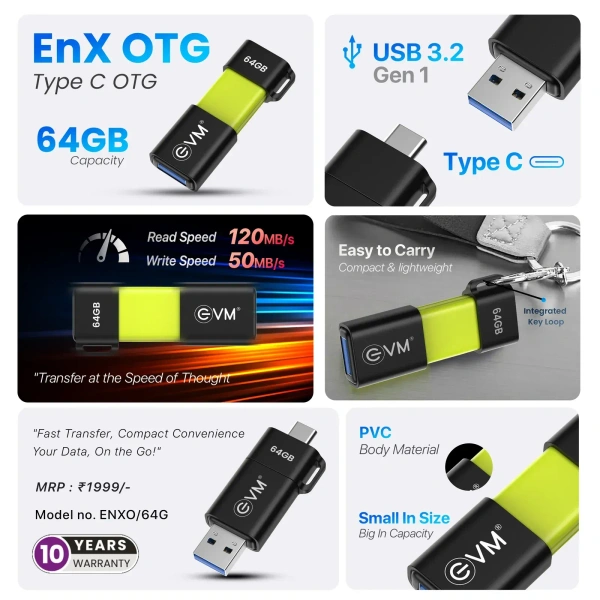 EVM EnX OTG 64GB USB 3.2 Gen 1 Type-C OTG Flash Drive - Golden Fizz, 10 Years, Contact Customer Care Service
