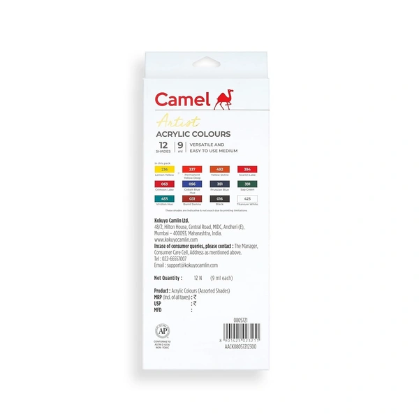  Camel Acrylic Color Box - 9ml Tubes, 12 Shades