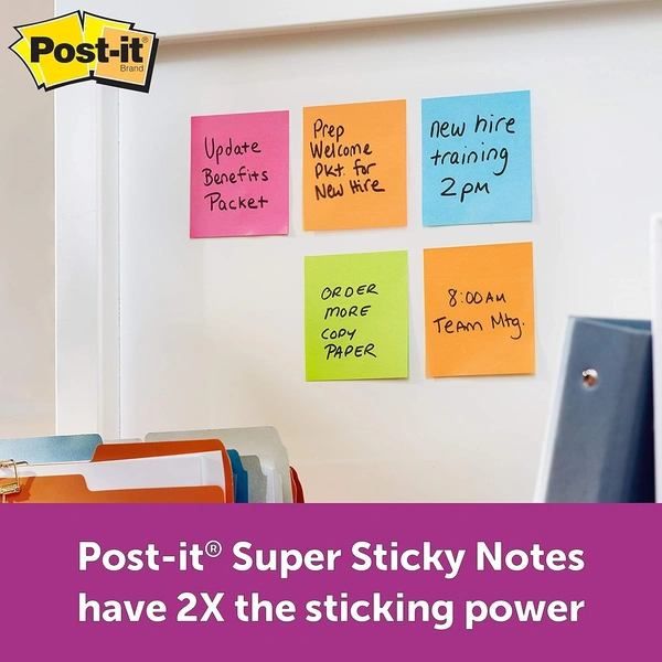 Post-it Super Sticky Notes, 2X Sticking Power, 3 in x 3 in, 5 Pads/Pack, 90 Sheets/Pad (neon Colour)
