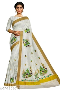 Kerala Embroidery Worked Kasavu Kerala Cotton Saree With Running Blouse - Description