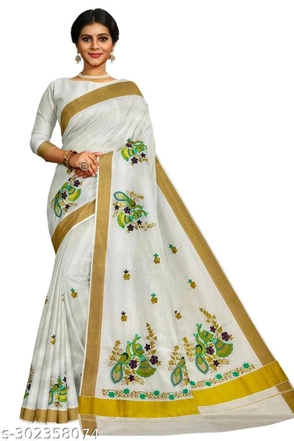 Kerala Embroidery Worked Kasavu Kerala Cotton Saree With Running Blouse - Description