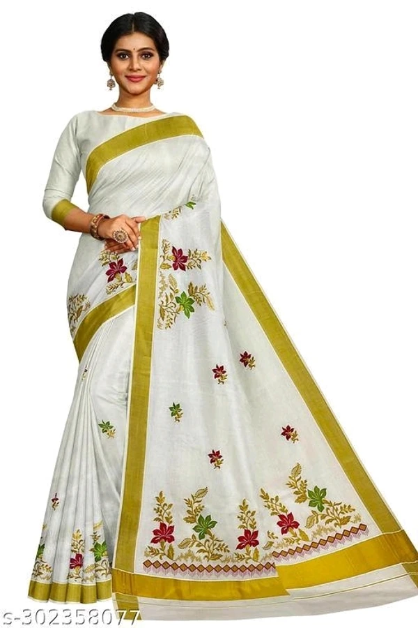 Kerala Embroidery Worked Kasavu Kerala Cotton Saree With Running Blouse - Description