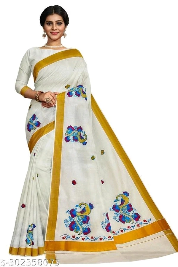 Kerala Embroidery Worked Kasavu Kerala Cotton Saree With Running Blouse - Description