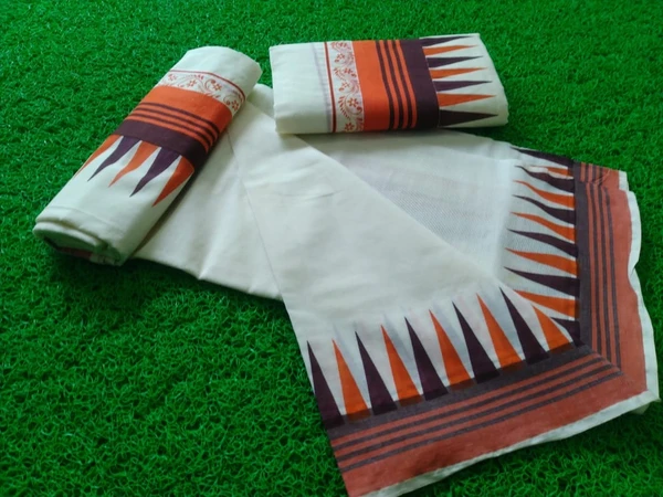 Kattikara Temple Printed Set Mundu - Coffee and Saffron