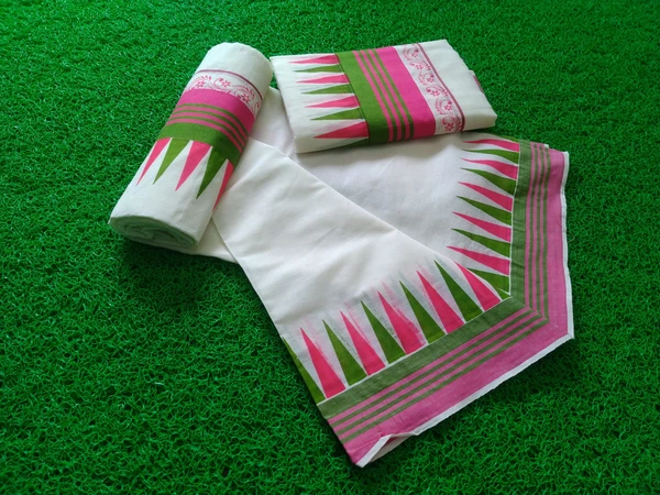 Kattikara Temple Printed Set Mundu - Pink and Green