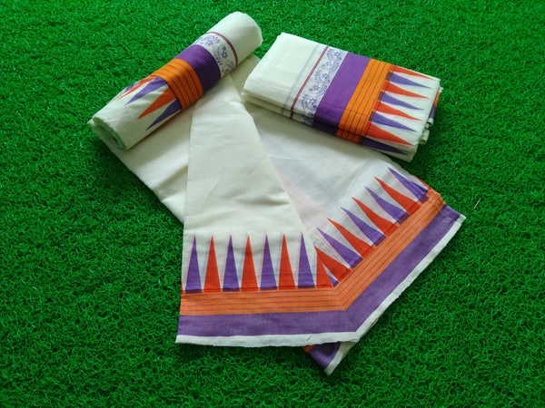 Kattikara Temple Printed Set Mundu - Violet and Saffron