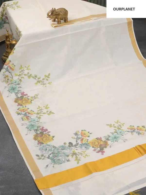 Cotton saree off white and with allover floral prints and zari woven border - 6.2 Mtr