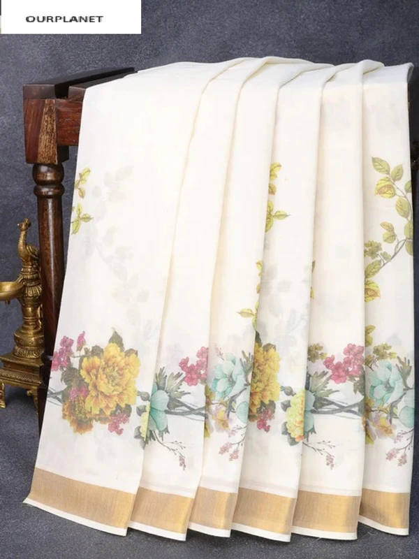 Cotton saree off white and with allover floral prints and zari woven border - 6.2 Mtr