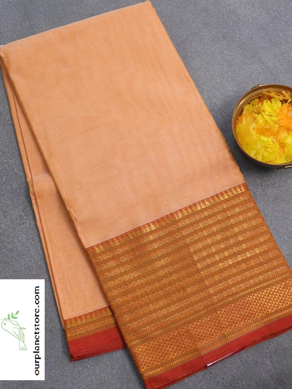 Narayanpet Cotton Saree in Pale Orange and Red with Plain Body and Long Zari Woven Border