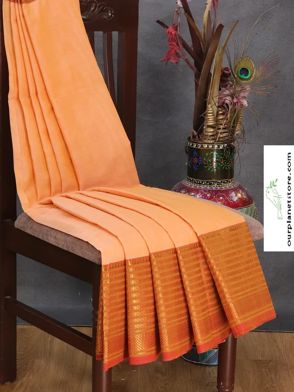 Narayanpet Cotton Saree in Pale Orange and Red with Plain Body and Long Zari Woven Border - 6.2 Mtr