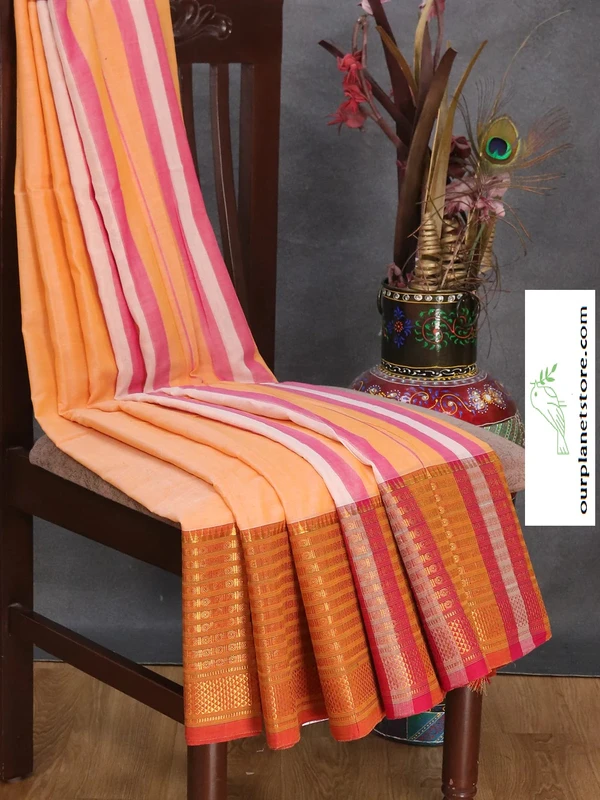 Narayanpet Cotton Saree in Pale Orange and Red with Plain Body and Long Zari Woven Border - 6.2 Mtr