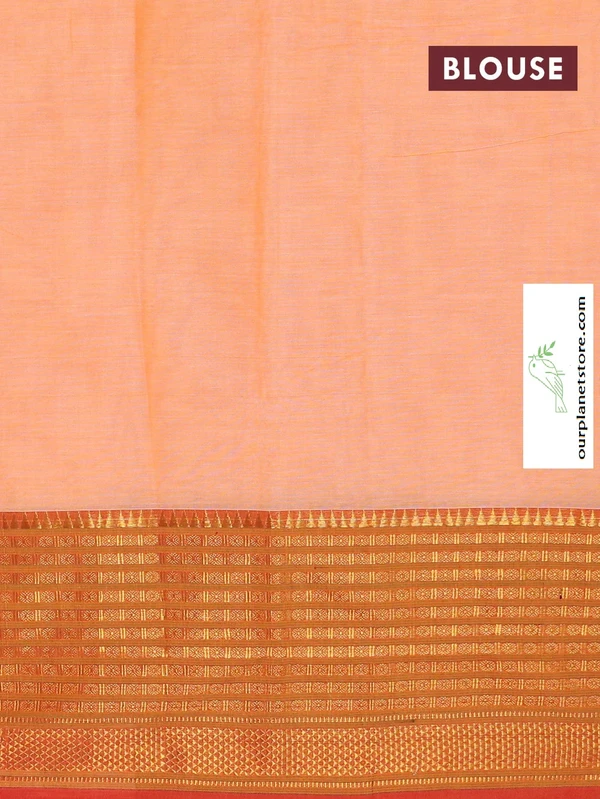 Narayanpet Cotton Saree in Pale Orange and Red with Plain Body and Long Zari Woven Border - 6.2 Mtr