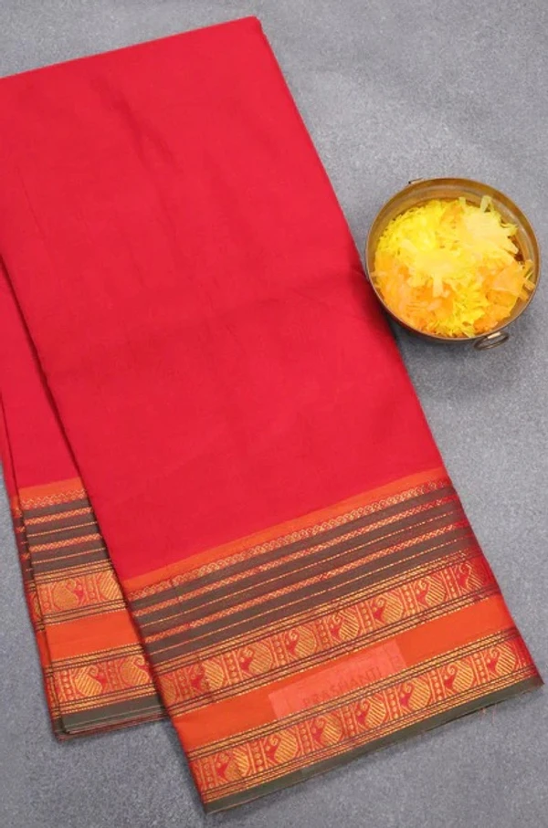 Narayanpet Cotton Saree in Red and Orange with Plain Body and Zari Woven Paisley Design Border