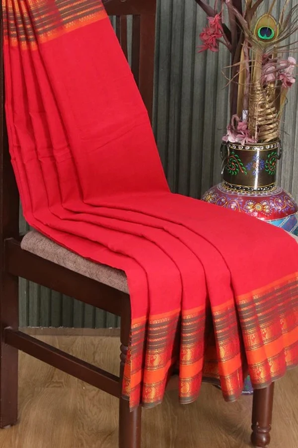 Narayanpet Cotton Saree in Red and Orange with Plain Body and Zari Woven Paisley Design Border - 6.2 mts