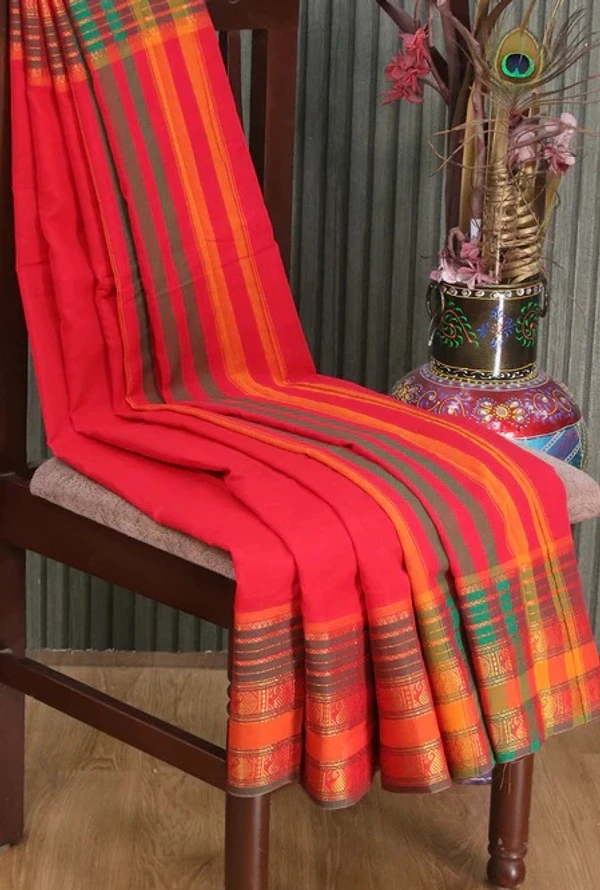 Narayanpet Cotton Saree in Red and Orange with Plain Body and Zari Woven Paisley Design Border - 6.2 mts