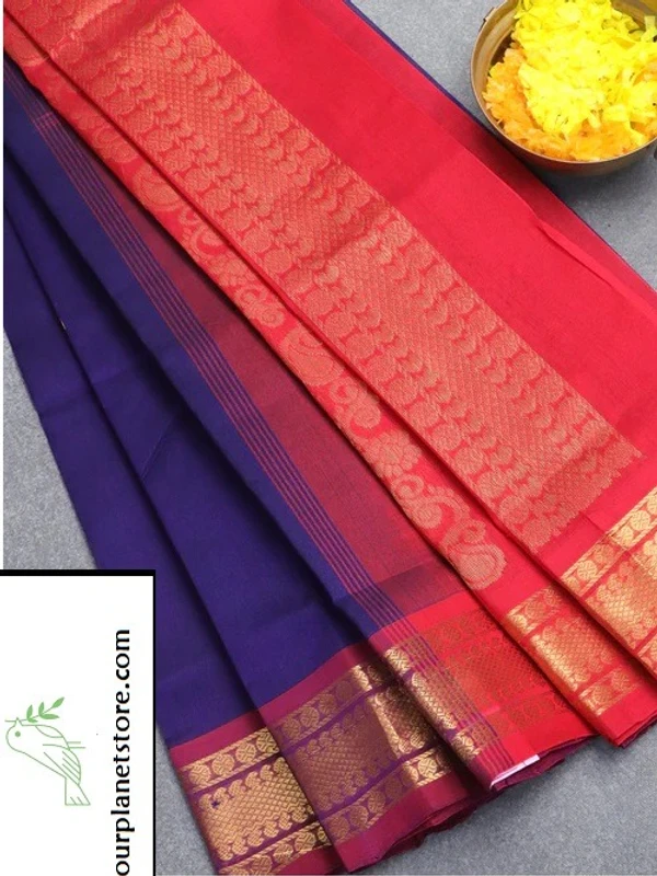 Silk Cotton Saree in Blue and Red with Annam Zari Woven Buttas and Zari Woven Border - 6.2 mts