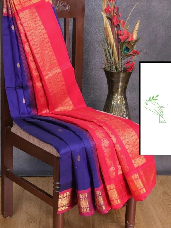 Silk Cotton Saree in Blue and Red with Annam Zari Woven Buttas and Zari Woven Border - 6.2 mts